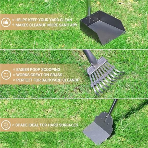 Dog Pooper Scooper, Dog Poop Tray and Rake Set with Long Stainless Handles - Picture 6 of 7